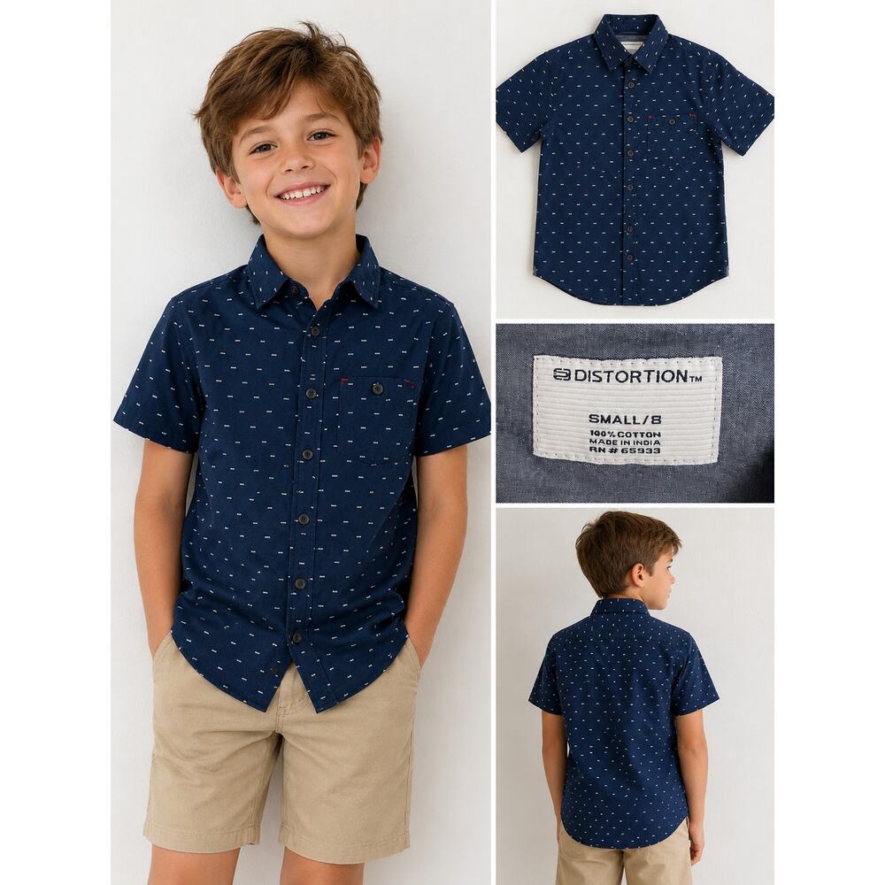 Distortion Boys Button Up Shirt Size 8 Navy Dot Print 100% Cotton Short Sleeve